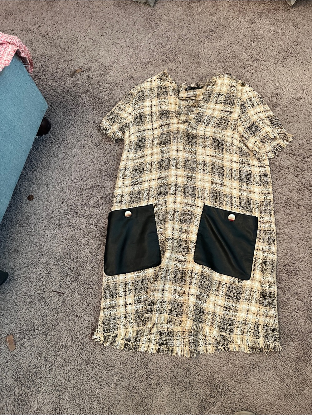 Zara Tweed Shift Dress with Black Pocket Accents